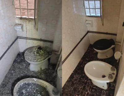 Collage prima e dopo della sanificazione con rimozione guano di piccioni in un bagno